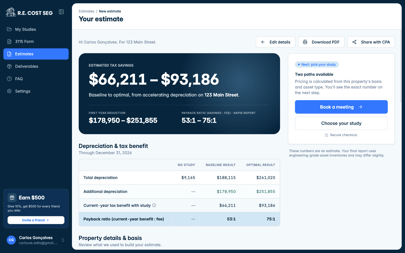 Client estimate screen showing projected tax savings, a depreciation comparison table and the two paths to buy